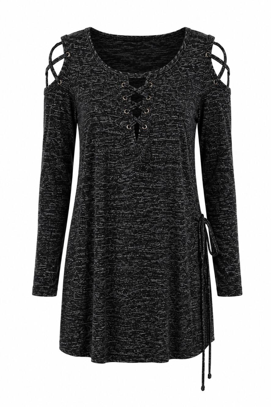 Hippie Chick Womens Medium Black Eyelet Lace Up Shirt Dress Whimsy Goth Boho